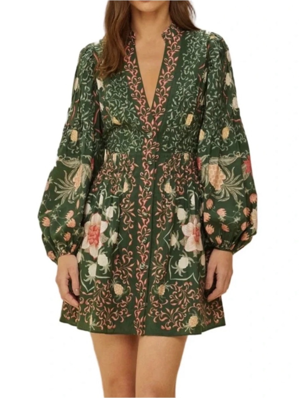NWOT FARM RIO NWOT Green Pineapple Garden Long Sleeve Mini Dress Green Multi SM